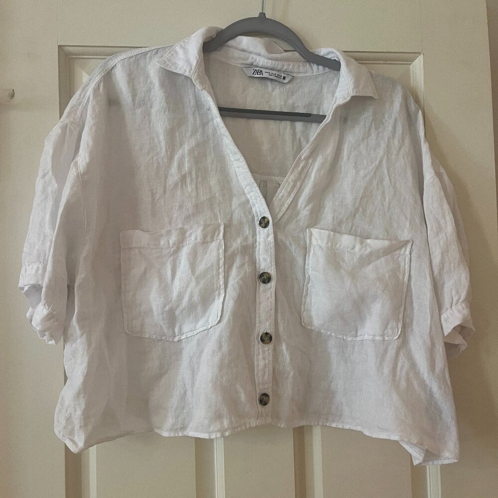 Zara Cropped White Linen Button Down